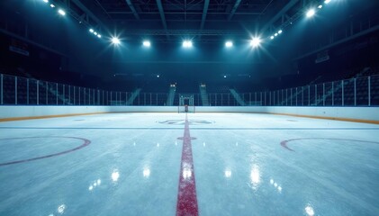 Empty dark ice hockey rink with visible scratches, bright lights illuminating ice surface,  empty,  cold