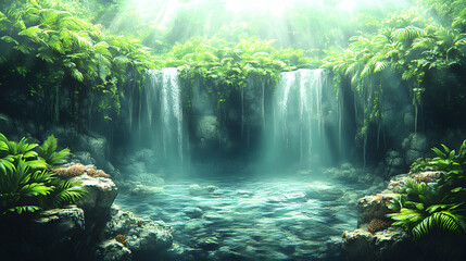 A verdant forest embraces a tranquil waterfall creating a serene oasis Sunlight streams in illuminating crystal-clear