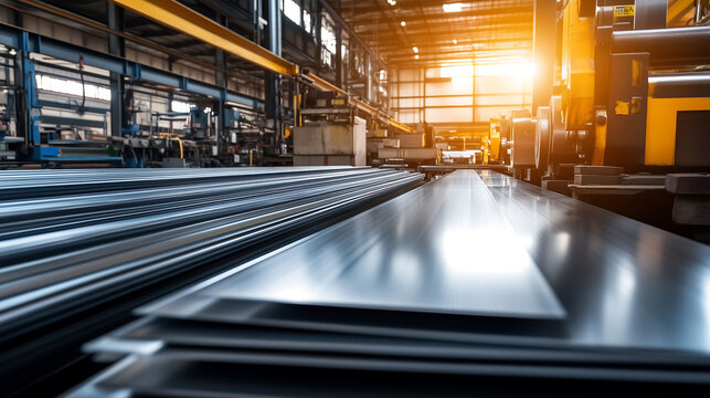 Door sheet metal in manufacturing plant, Metal sheet forming machine conveyor belt in factory, Roof tile manufacturing, Industrial metalworking concept