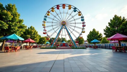 Empty floor square with colorful playground ferris wheel in the background,  greenery,  floor