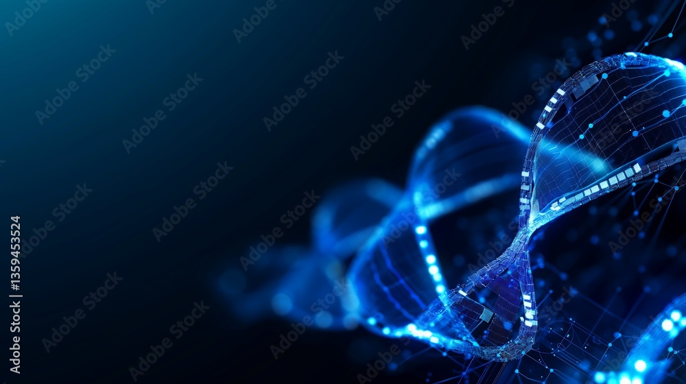 Poster futuristic digital tech background with glowing neon blue circuits and a dynamic wave of data stream