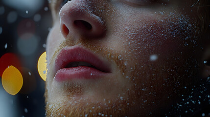 Snowy Embrace: A portrait captures a man's face dusted with snowflakes, against a backdrop of soft, blurred lights, creating a mood of quiet contemplation and winter's cold serenity.