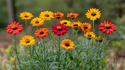 Obraz premium A vibrant cluster of red orange and yellow flowers stand tall among green foliage blurring into the natural backdrop