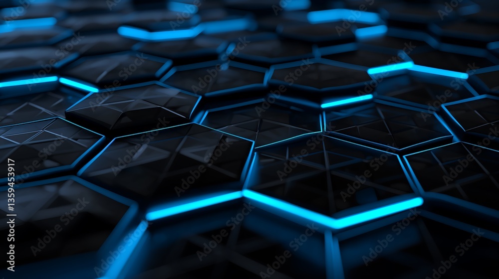 Poster high-tech digital background featuring luminous hexagonal patterns interconnected by electric blue l