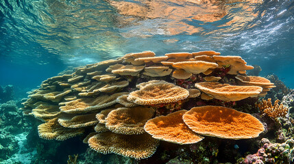 A vibrant coral reef thrives just below the waters surface teeming with life and color in this captivating underwater