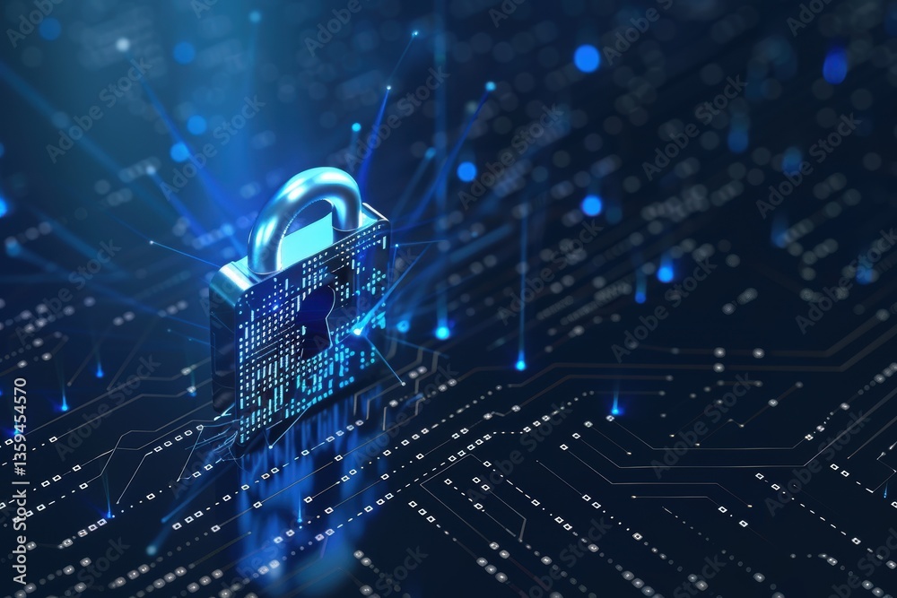 Poster digital padlock with glowing binary code secured against a dark blue cyber background of networks