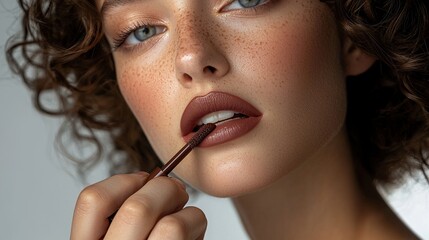 Obraz premium Model applies dark lipstick in soft lighting with glowing bokeh background