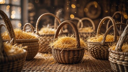 Obraz premium Woven baskets filled with straw displayed on a rustic table in a cozy, warm space during evening hours