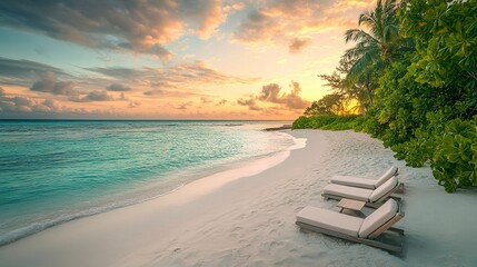 Modern luxury villa with a private sandy beach, elegant loungers overlooking calm turquoise waters, framed by tropical greenery and soft pastel skies at sunset 