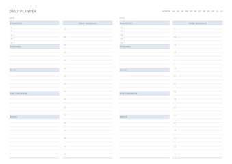 A daily plan design template in a modern, simple, and minimalist style. Note, scheduler, diary, calendar, planner document template illustration.