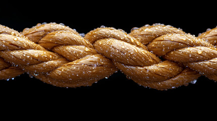 Texture of the Wet Rope: Detailed macro shot of a coarse, tightly woven rope, glistening with droplets, exuding strength and resilience against a stark background.