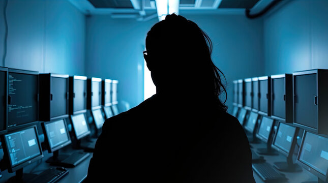 A cyberpunk IT lab with distinct split silhouetted backlighting, a light source behind the subject, dividing the image into bold, contrasting sections