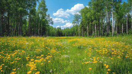 Obraz premium A vibrant meadow filled with yellow blossoms beneath a blue sky dotted with fluffy clouds bordered by a dense verdant
