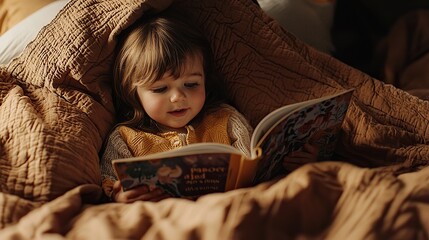 Fototapeta premium Child reading a book under cozy blankets in a warm room during evening