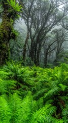 Obraz premium Misty Forest Lush Ferns Ancient Trees Green Nature Scenic View