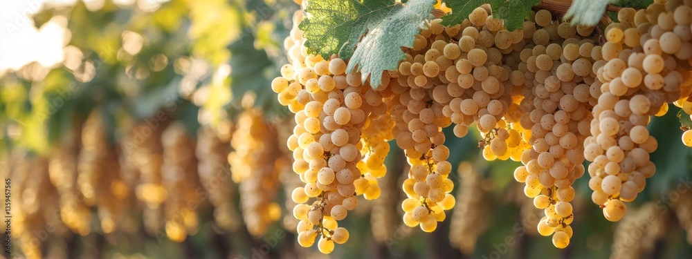 Poster vibrant grape clusters hang in golden hues, illuminated by gentle sunlight filtering through lush vi
