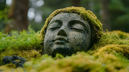 Obraz premium Tranquil Meditative Stone Statue: A serene close-up showcases a moss-covered stone statue's face, exuding peace, calm and spiritual.