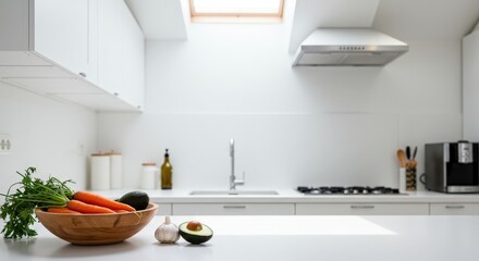 Modern kitchen interior with fresh vegetables in a wooden bowl  