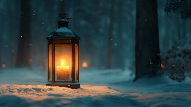 Mysterious video background, glowing lantern in a snowy forest at night, warmth and tranquility, copy space