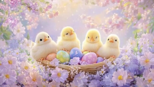 Easter animation background, cute yellow chicks in a basket with eggs, spring nature awakening