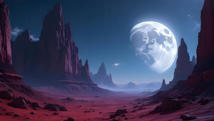Alien Planet Landscape with Red Rocks and Dual Moons – Sci-Fi Fantasy, Extraterrestrial Terrain, and Space Exploration Concept