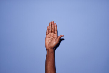 Isolated image of hand raised against a minimalist purple background, showing diverse skin tone and creating space for text placement or design elements
