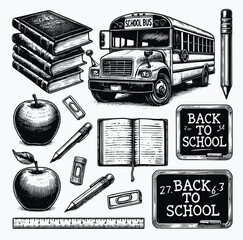 A school bus with a collection of school objects like books and apple for back to school time vintage illustrations