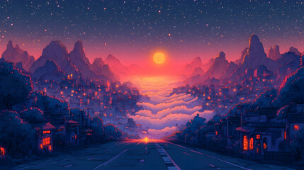 A vivid landscape of an evening city with red illumination on buildings set against mountains and a starry sky with a l