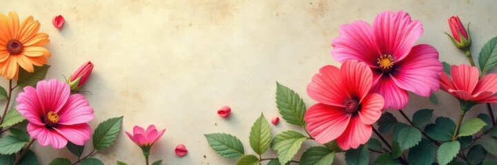 flowers blooming on a textured paper background, vibrant colors, beauty, fresh