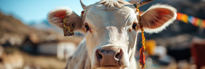 White Cow with Beaded Decoration and Ear Tags