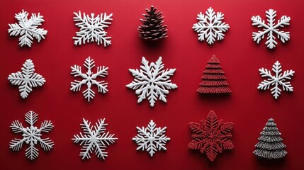 A lively red background with scattered white snowflakes of different sizes and shapes.