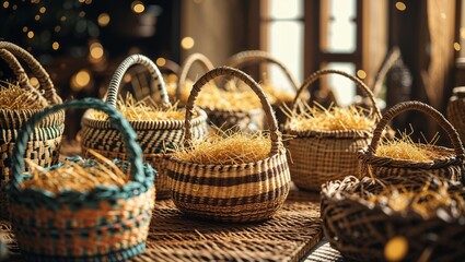 Obraz premium Various handcrafted baskets filled with straw displayed in a rustic artisan workshop during the daytime