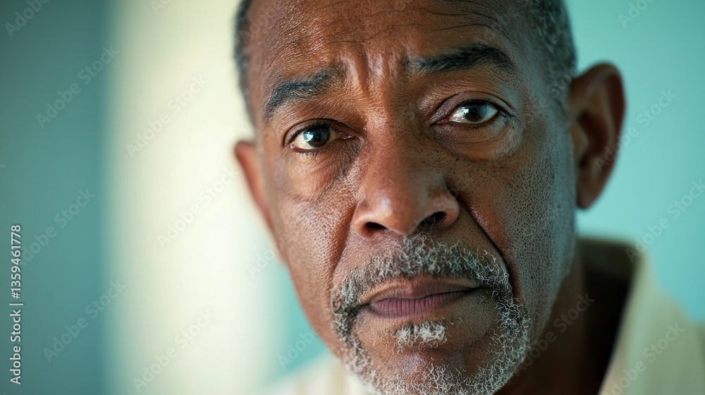 Poster a mature man with a contemplative expression gazes intently into the distance, surrounded by soft, n