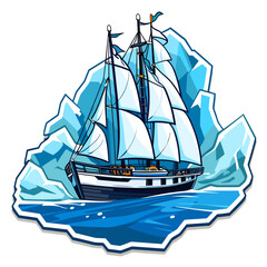 Schooner or small sailing boat for sailing on the sea. Simple flat drawings as a label or sticker.
