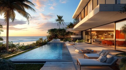 Fototapeta premium Sleek beachfront home in Ponte Vedra, Jacksonville, stylish pool deck overlooking the ocean, tropical gardens surrounding the property, vibrant and tranquil vibe 