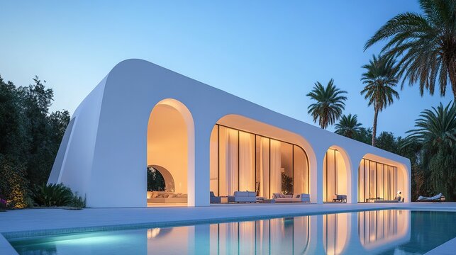 Sleek minimalist villa with white concrete architecture, arched windows glowing softly in golden hour light 8d
