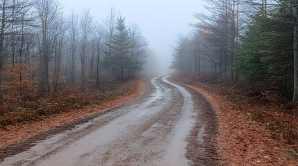 Fototapeta premium A winding dirt road disappearing into a foggy forest lined with bare trees and fallen leaves Serene and muted tones pr