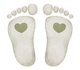 Watercolor illustration of Baby Footprints with heart. Drawing of little imprints of steps in pastel colors for baby shower invitations or newborn party greeting cards. Art for nursery poster.