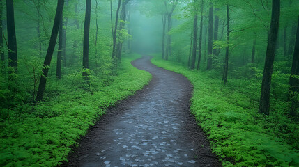 Obraz premium A winding path through a verdant forest shrouded in mist Lush greenery covers the ground leading to an ethereal horizo