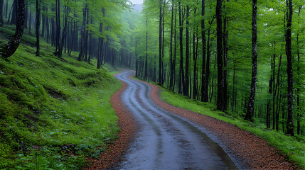 Obraz premium A winding road cuts through a lush forest lined with tall trees and vibrant green foliage leading into a misty distanc