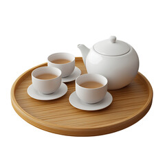 Fototapeta premium 3D white porcelain tea set with a wooden tra, isolated on a transparent background PNG 
