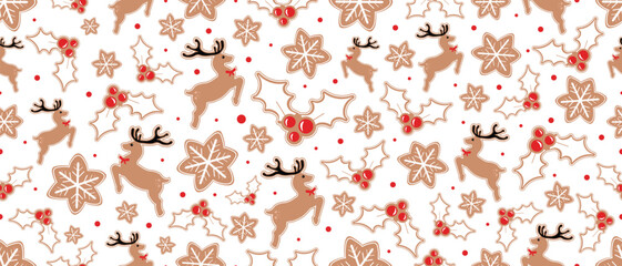 Christmas Seamless Pattern Christmas and New year Reindeer, snowflakes and Holly Berries Repeatable Pattern Decorative Elements Texture for Wallpaper, Gift card, Wrapping paper, Fabric Textile Prints.