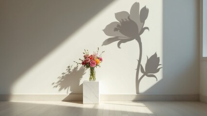 Naklejka premium A vase of fresh flowers. On the wall are the shadows of giant flowers.