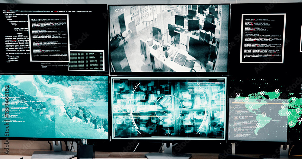 Aufkleber Computer, screen and satellite for global security of crime surveillance, coding and monitor worldwide. Online, map and location for war investigation, programming and script update of law protection
