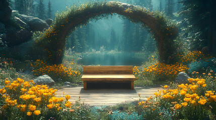 A wooden bench sits on a deck before a flower-covered arch with a lake and forest in the background in a serene landsca