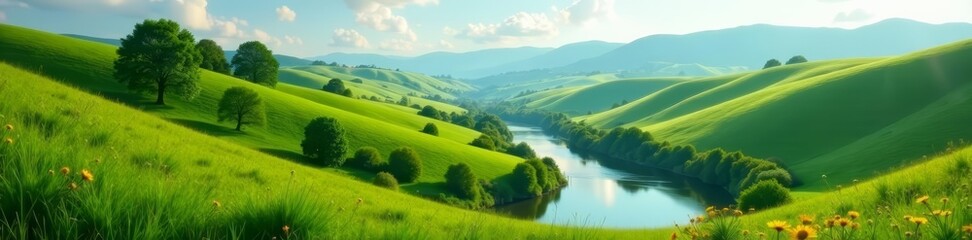A picturesque rural landscape with rolling green hills and a winding river, nature, field, countryside