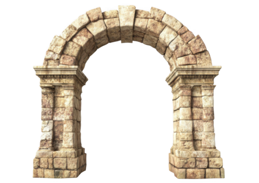 A realistic photograph of an ancient Roman stone archway, isolated on a white background