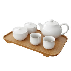  3D white porcelain tea set with a wooden tra, isolated on a transparent background PNG