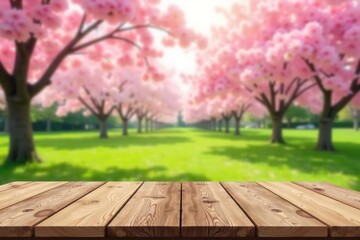 Empty wooden table in Sakura flower Park with garden bokeh background, country outdoor theme, mock up, product display,  table,  mock up