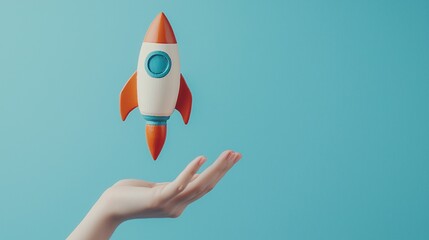Against a clean, minimalist backdrop, a space rocket launches gracefully from the palm of a woman's hand, conveying the idea of harnessing human ingenuity to reach for the stars. The simplicity of